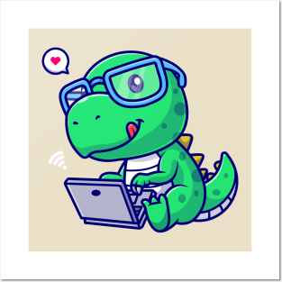 Cute Dino Working On Laptop Cartoon Posters and Art